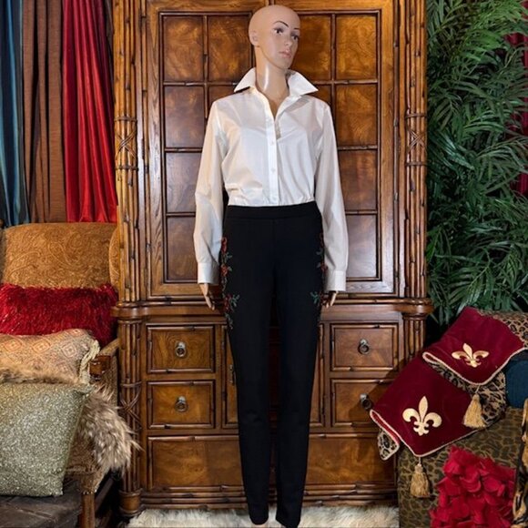 Suko Jeans Black Super Soft Knit Red Rose Embroidered Ponte Pant - Picture 4 of 9